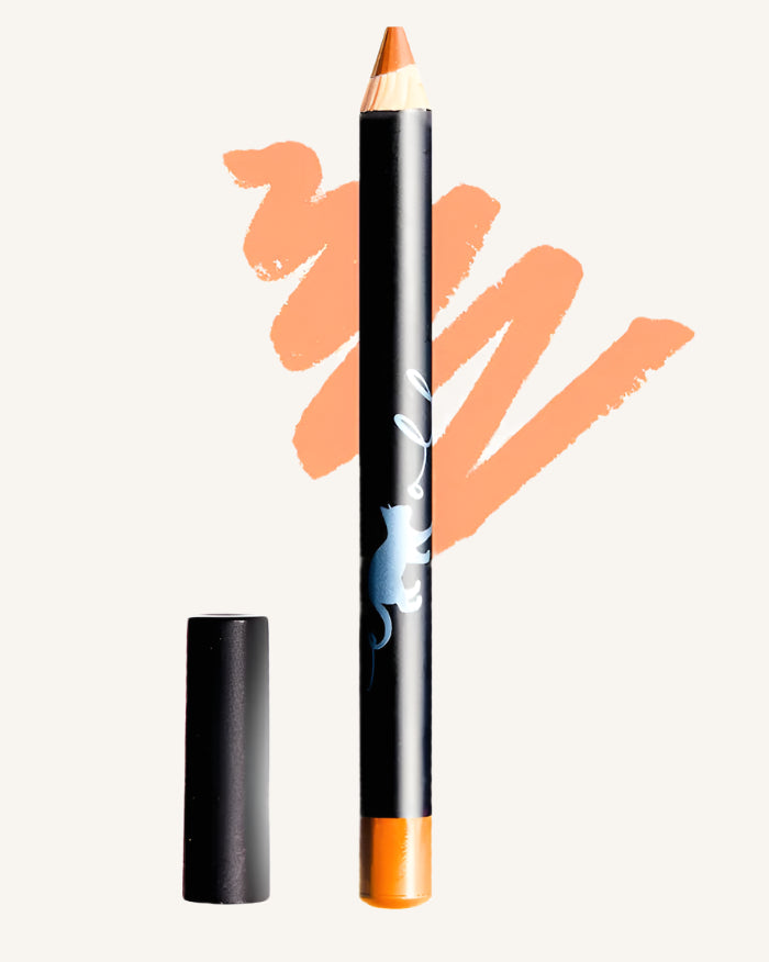 A Bluemolly lip crayon in a nude shade, with the product packaging displayed next to it.