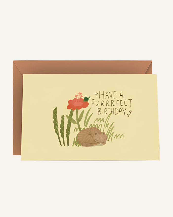 Greeting card with a cat illustration and 'Have a purrfect birthday' text on a beige background.