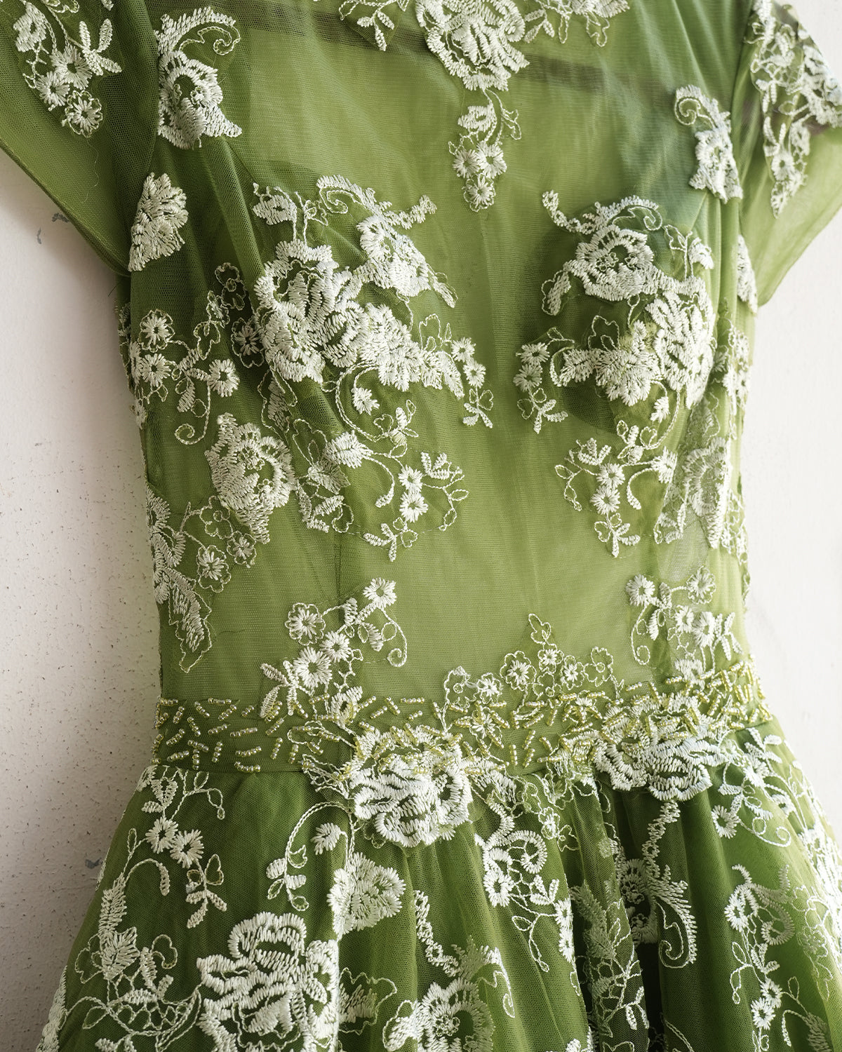 Green Embroidered Tulle Backless Dress