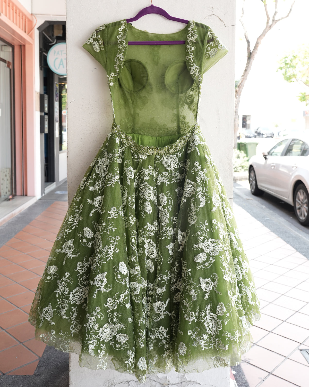Green Embroidered Tulle Backless Dress