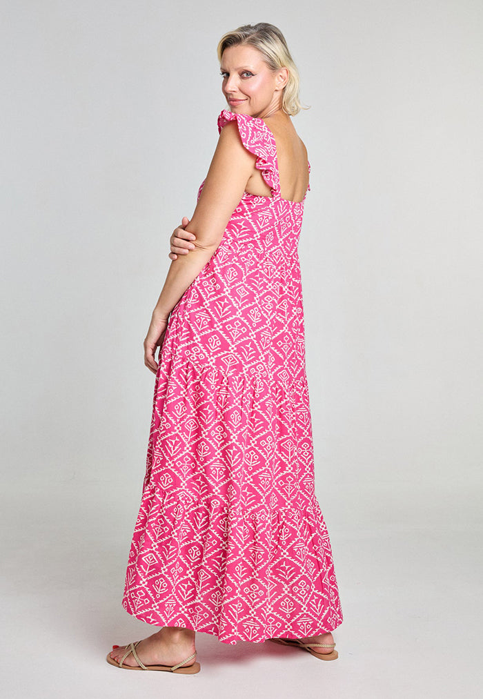 Indii Breeze Amalie Frill Maxi Dress - Ikat Gulabi