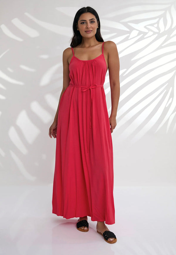 Indii Breeze Cami Plain Maxi Dress with Belt - Watermelon