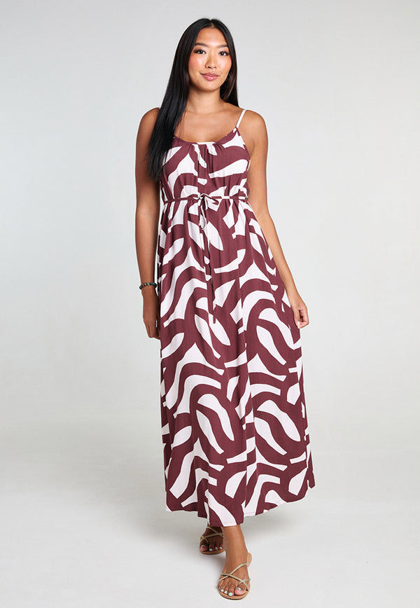 Indii Breeze Cami Plain Maxi Dress with Belt - Crackle Brown