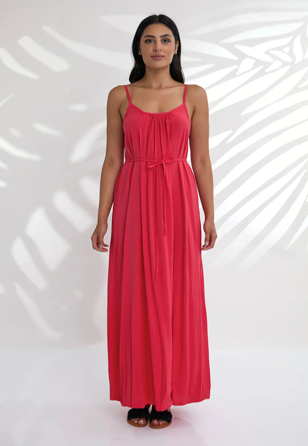 Indii Breeze Cami Plain Maxi Dress with Belt - Watermelon