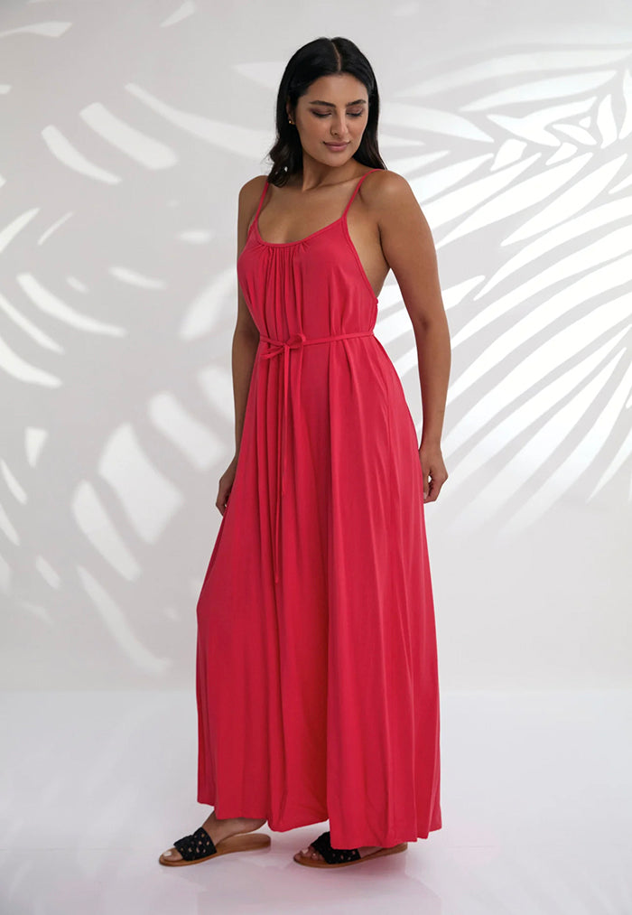 Indii Breeze Cami Plain Maxi Dress with Belt - Watermelon