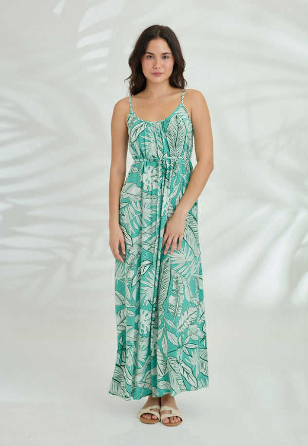 Indii Breeze Cami Plain Maxi Dress with Belt - Green Palm