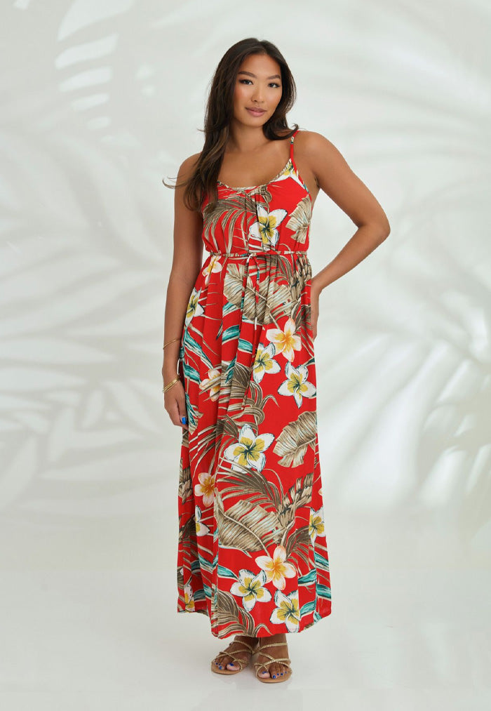 Indii Breeze Cami Plain Maxi Dress with Belt - Hawaii Red