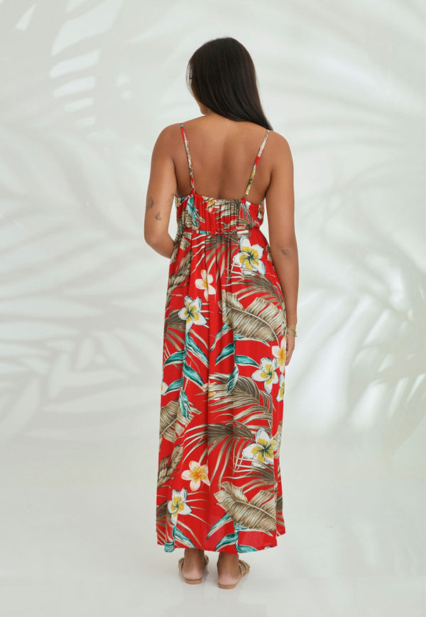 Indii Breeze Cami Plain Maxi Dress with Belt - Hawaii Red