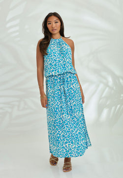 Indii Breeze Susan Halter Maxi Dress - Cheetah Green