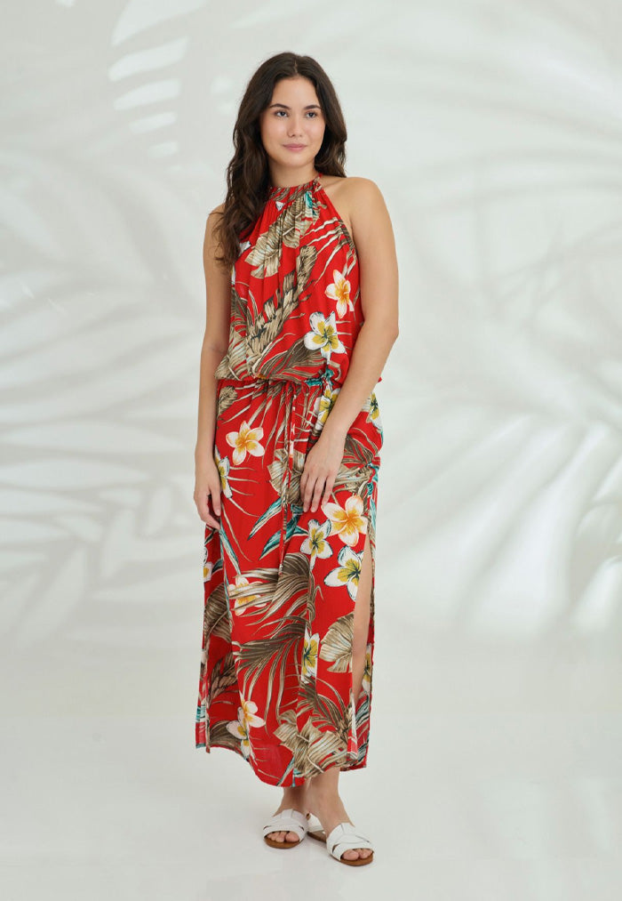 Indii Breeze Susan Halter Maxi Dress - Hawaii Red