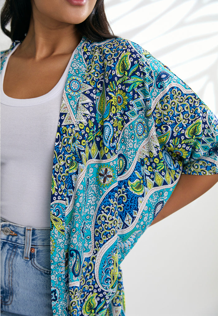 Indii Breeze Short Kimono - Paisley Blue