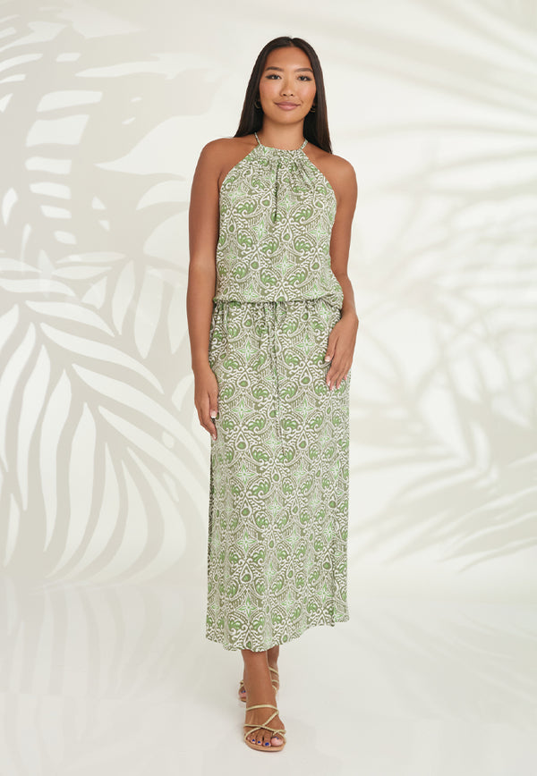 Indii Breeze Susan Halter Maxi Dress - Green Batik