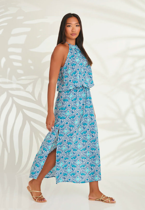 Indii Breeze Susan Halter Maxi Dress - Blue Batik