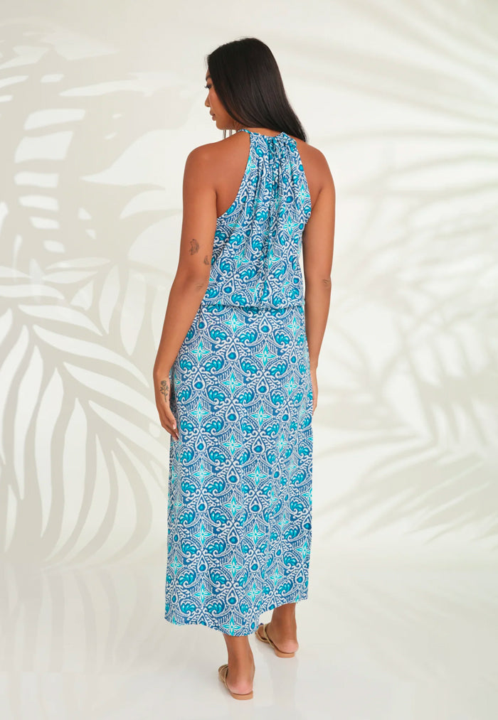 Indii Breeze Susan Halter Maxi Dress - Blue Batik