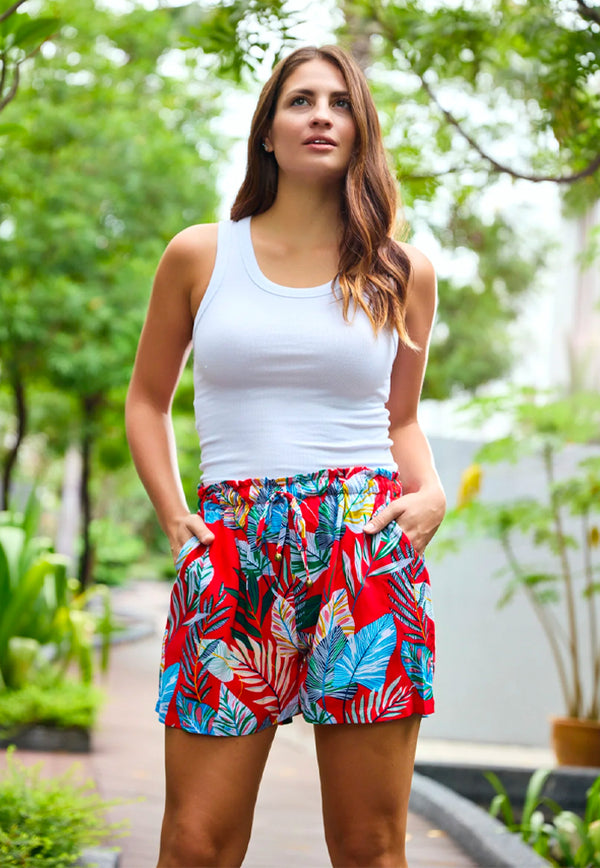 Indii Breeze Drawstring Shorts - Red Leaves