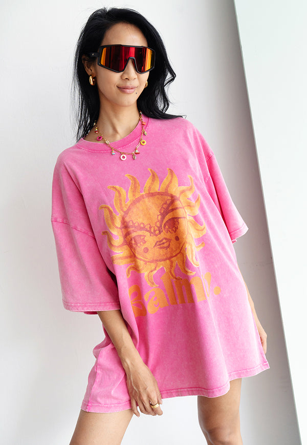 Maku the Label Balmy Acid Wash Oversize Tee - Rose Red
