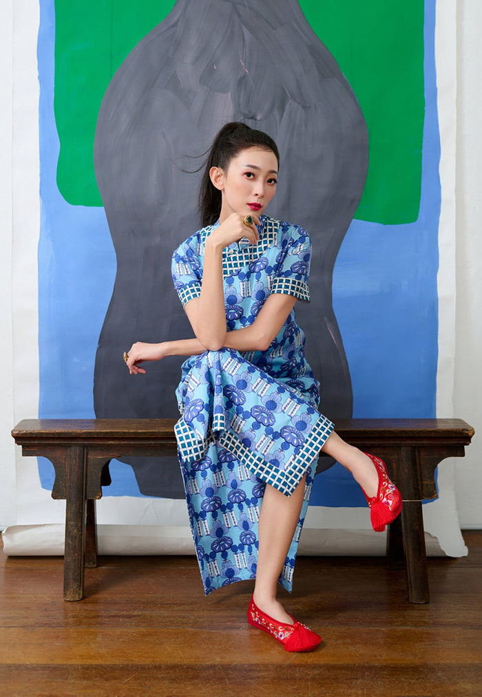 Nala Long Cheongsam - Crystal Blossom Blue