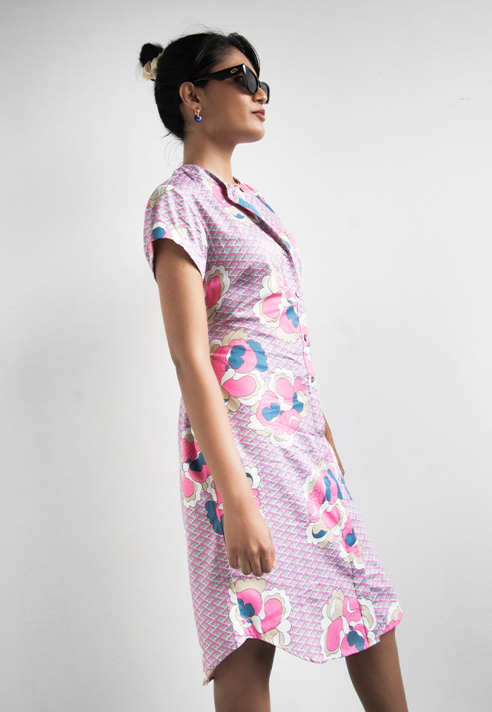 Nala Mandarin Collar Shirt Dress - Georgia Pink