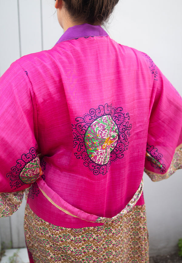 Raja Rani Upcycled Silk Long Kimono -  Fuchsia