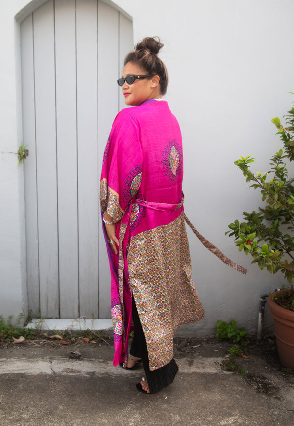 Raja Rani Upcycled Silk Long Kimono -  Fuchsia