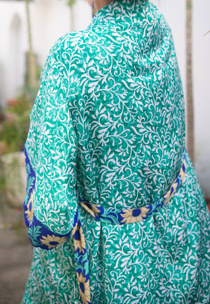 Raja Rani Upcycled Silk Long Kimono -  Aqua