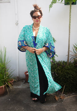 Raja Rani Upcycled Silk Long Kimono -  Aqua