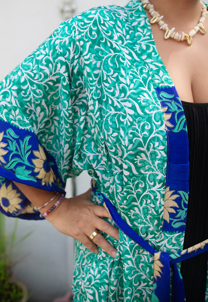 Raja Rani Upcycled Silk Long Kimono -  Aqua