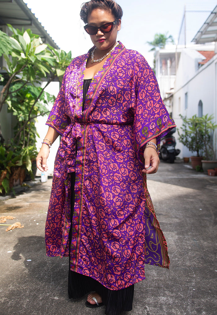 Raja Rani Upcycled Silk Long Kimono -  Jam