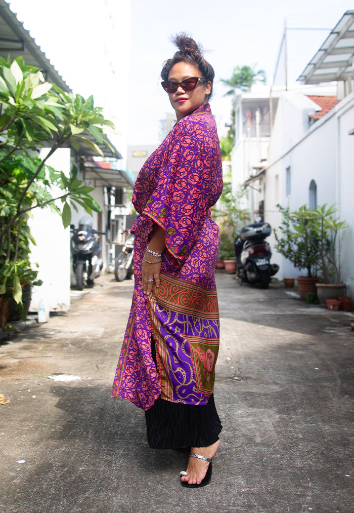Raja Rani Upcycled Silk Long Kimono -  Jam