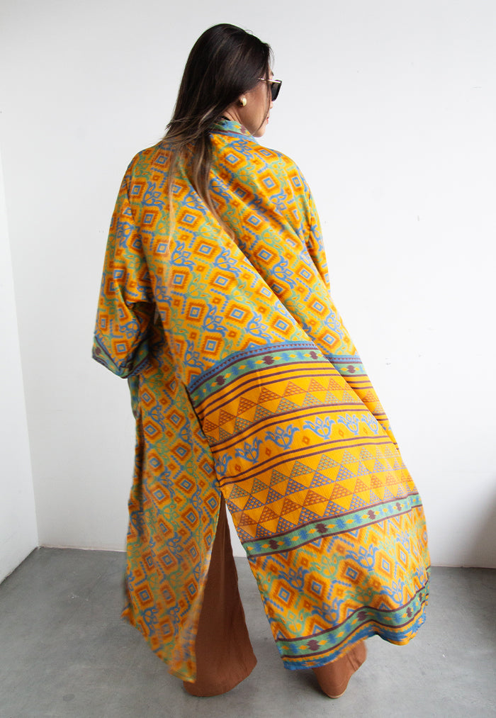 Raja Rani Upcycled Silk Long Kimono - Canary