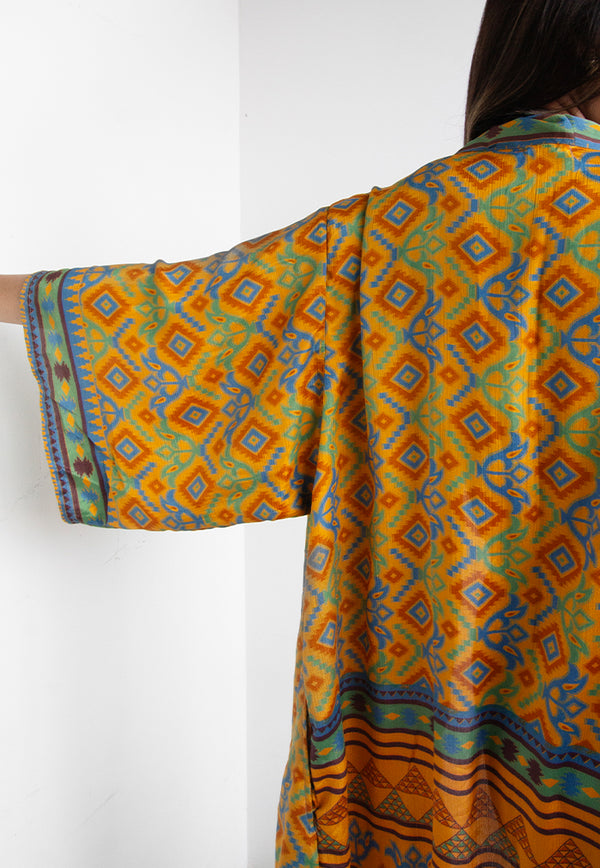 Raja Rani Upcycled Silk Long Kimono - Canary