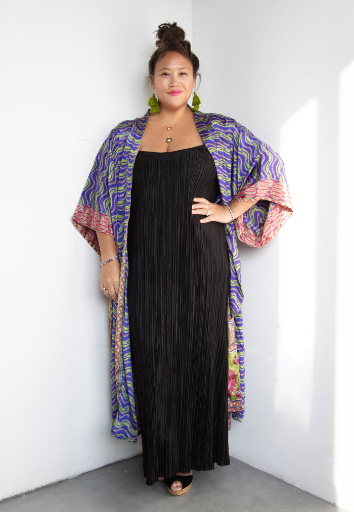 Raja Rani Upcycled Silk Long Kimono -  Purple Paisley