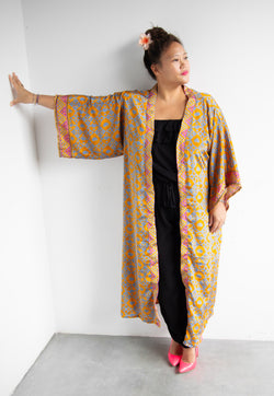 Raja Rani Upcycled Silk Long Kimono -  Cornflower