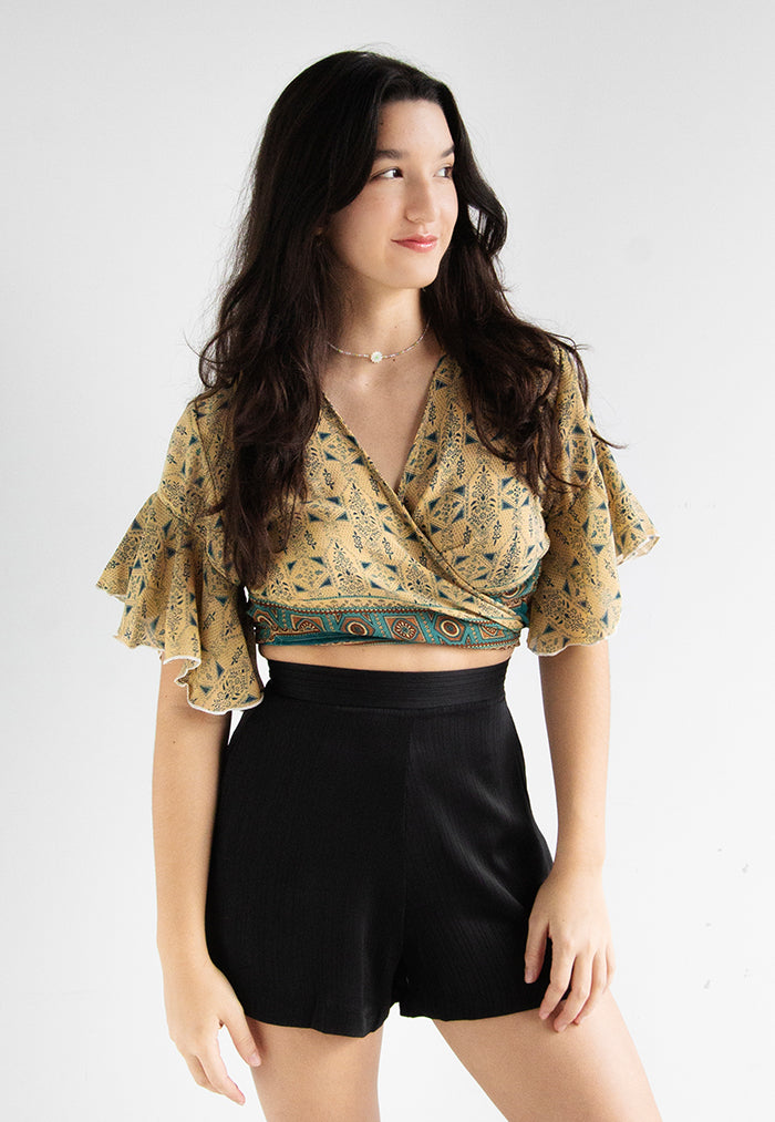 Raja Rani Upcycled Silk Short Sleeves Wrap Top - Fawn