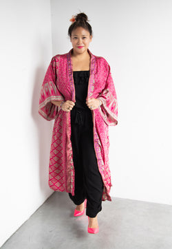 Raja Rani Upcycled Silk Long Kimono -  Magenta