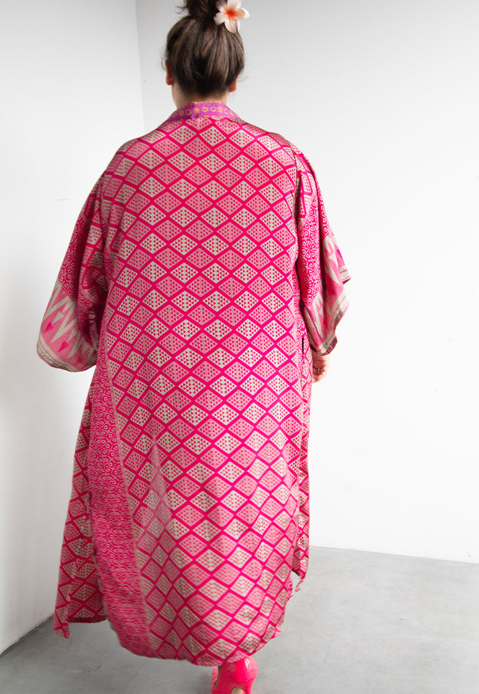 Raja Rani Upcycled Silk Long Kimono -  Magenta