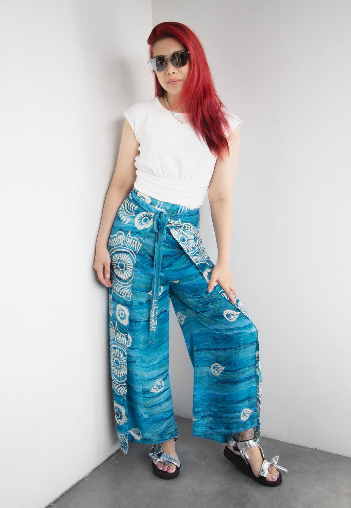 Raja Rani Poly Silk Pareo Pants - Blue