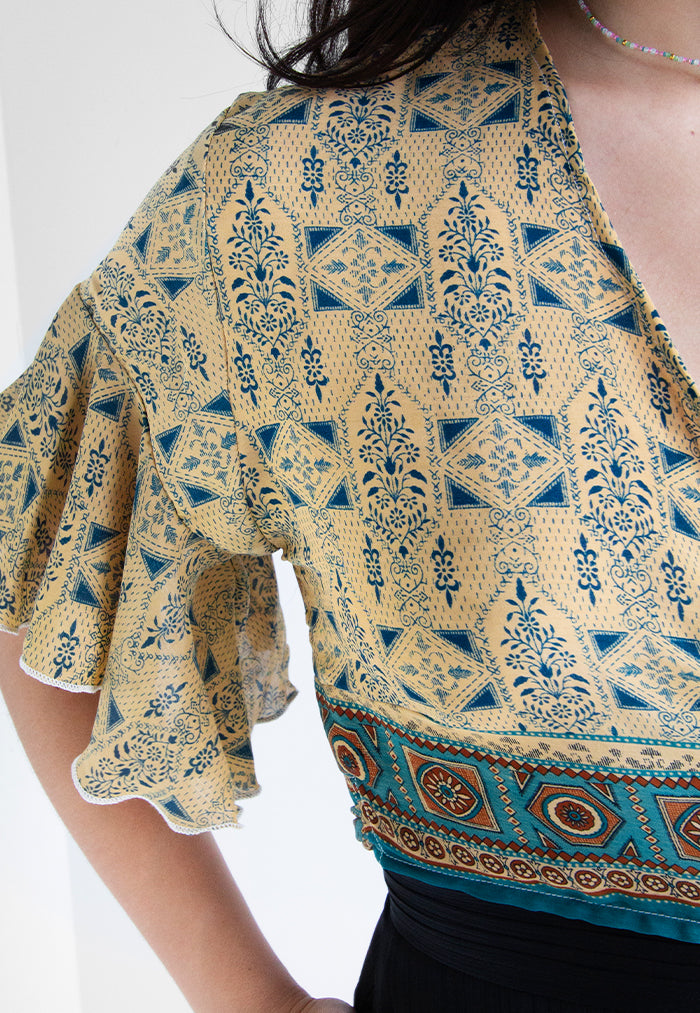 Raja Rani Upcycled Silk Short Sleeves Wrap Top - Fawn