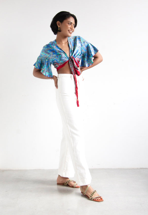 Raja Rani Upcycled Silk Short Sleeves Wrap Top - Ocean