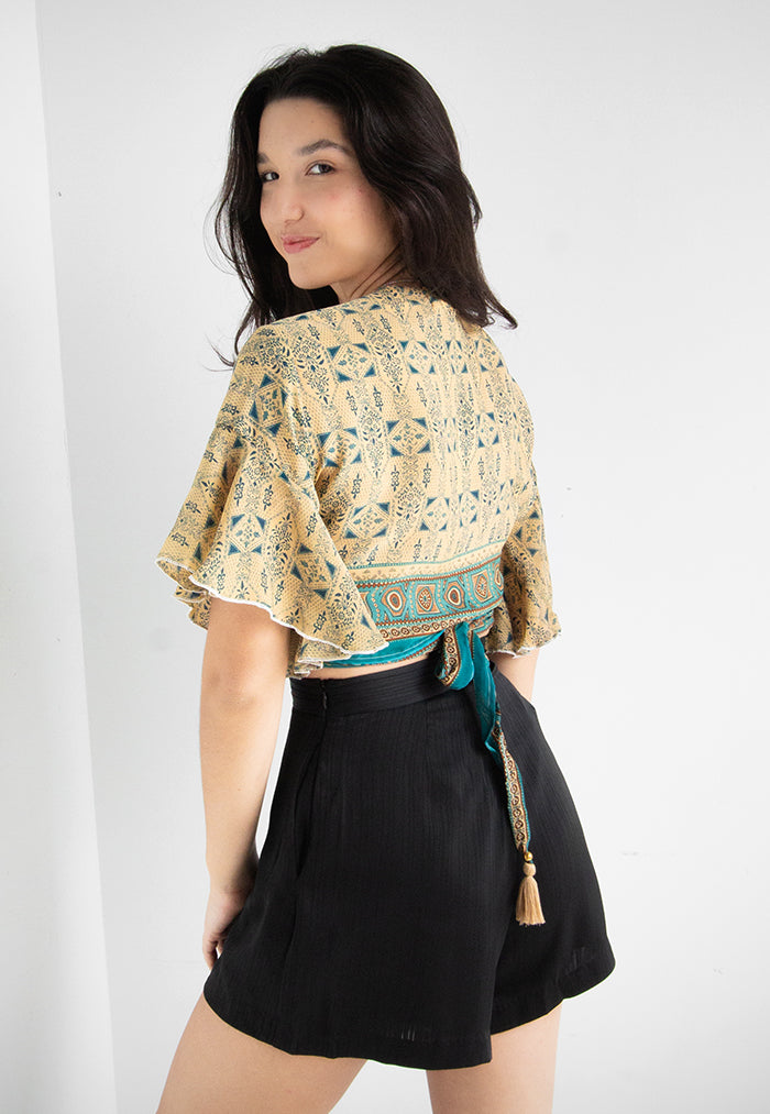 Raja Rani Upcycled Silk Short Sleeves Wrap Top - Fawn