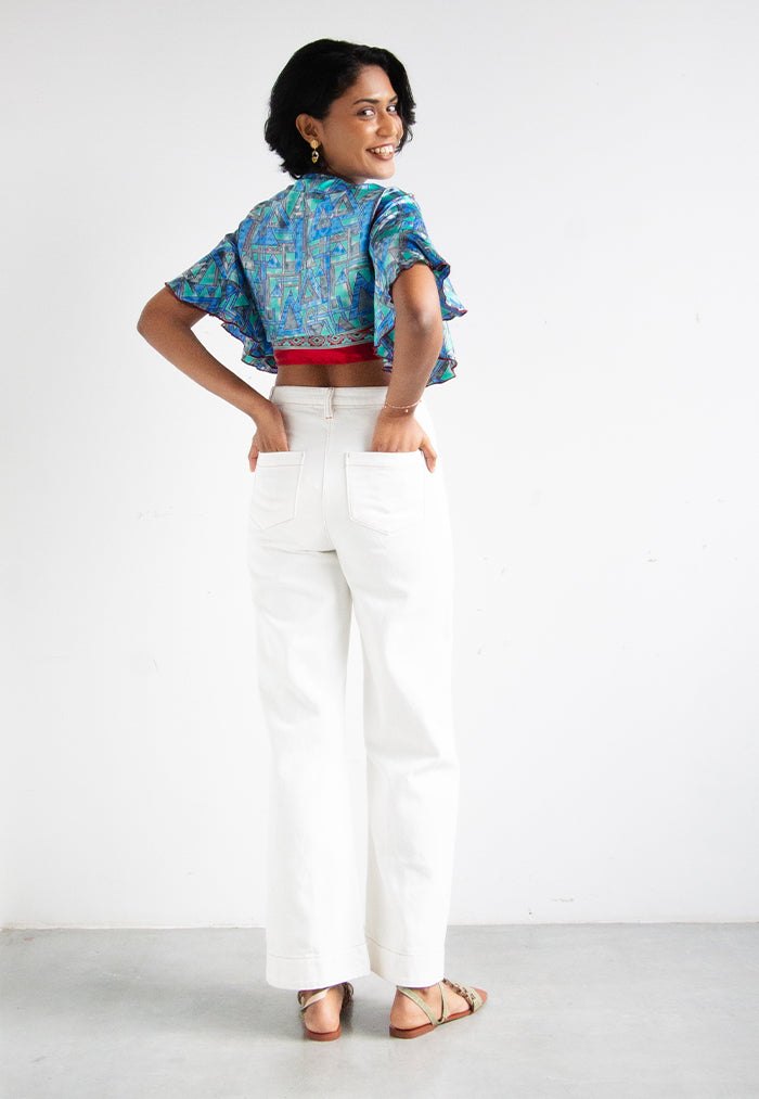 Raja Rani Upcycled Silk Short Sleeves Wrap Top - Ocean