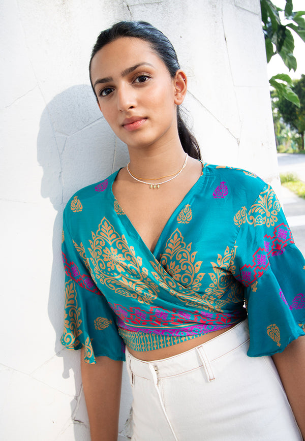 Raja Rani Upcycled Silk Short Sleeves Wrap Top - Caribbean