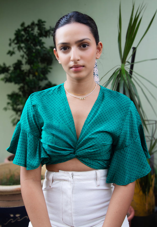 Raja Rani Upcycled Silk Short Sleeves Wrap Top - Emerald