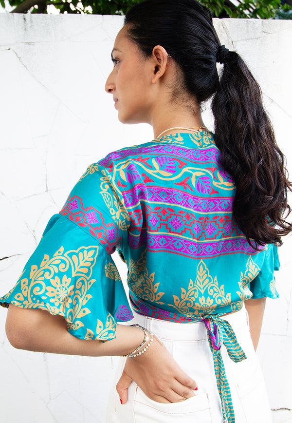 Raja Rani Upcycled Silk Short Sleeves Wrap Top - Caribbean