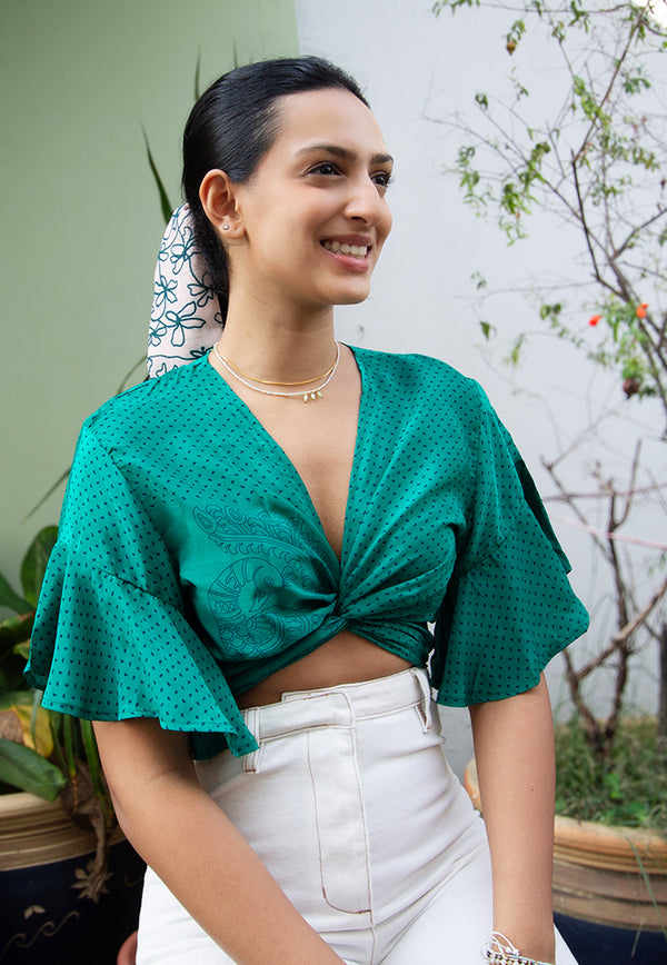 Raja Rani Upcycled Silk Short Sleeves Wrap Top - Emerald