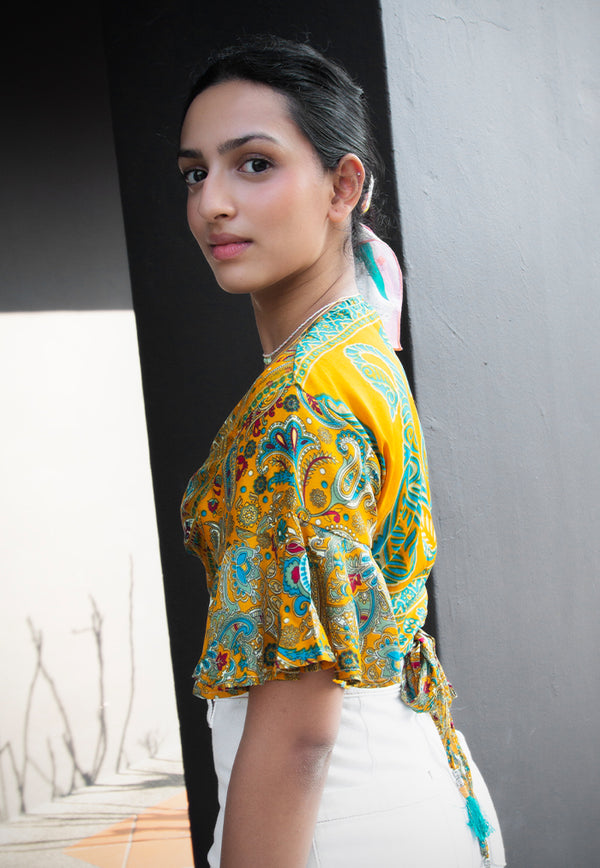 Raja Rani Upcycled Silk Short Sleeves Wrap Top - Mango