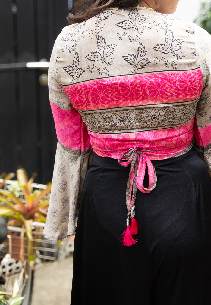 Raja Rani Upcycled Silk Long Sleeves Wrap Top - Timber