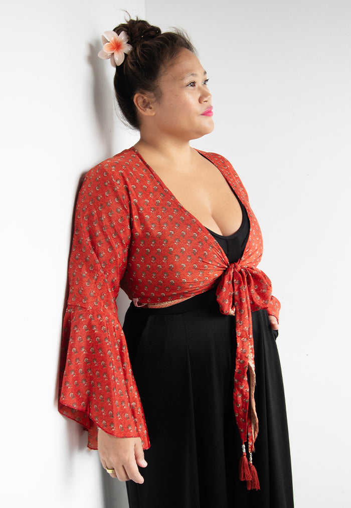 Raja Rani Upcycled Silk Crop Wrap Top - Terracotta