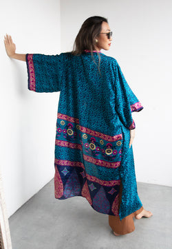 Raja Rani Upcycled Silk Long Kimono - Teal
