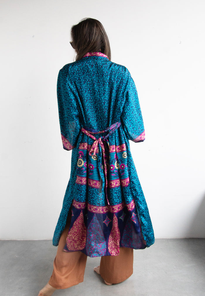 Raja Rani Upcycled Silk Long Kimono - Teal
